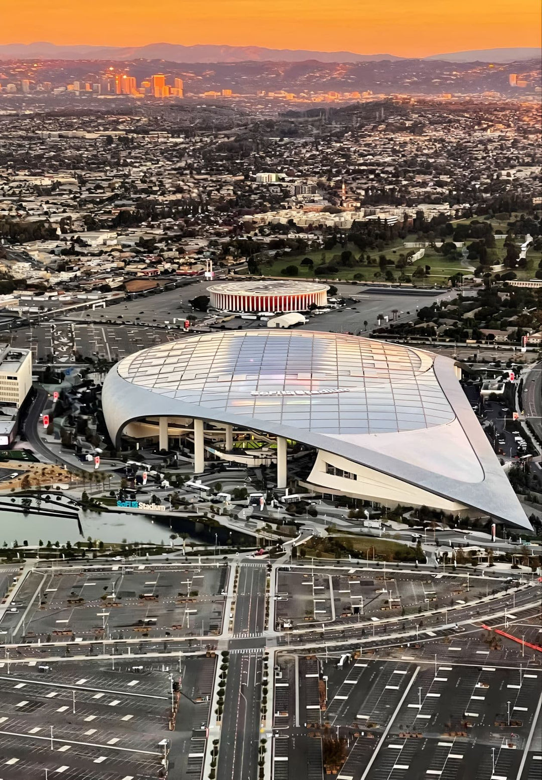 The image showcases an aerial viewpoint of the SoFi Stadium located in Inglewood, California.