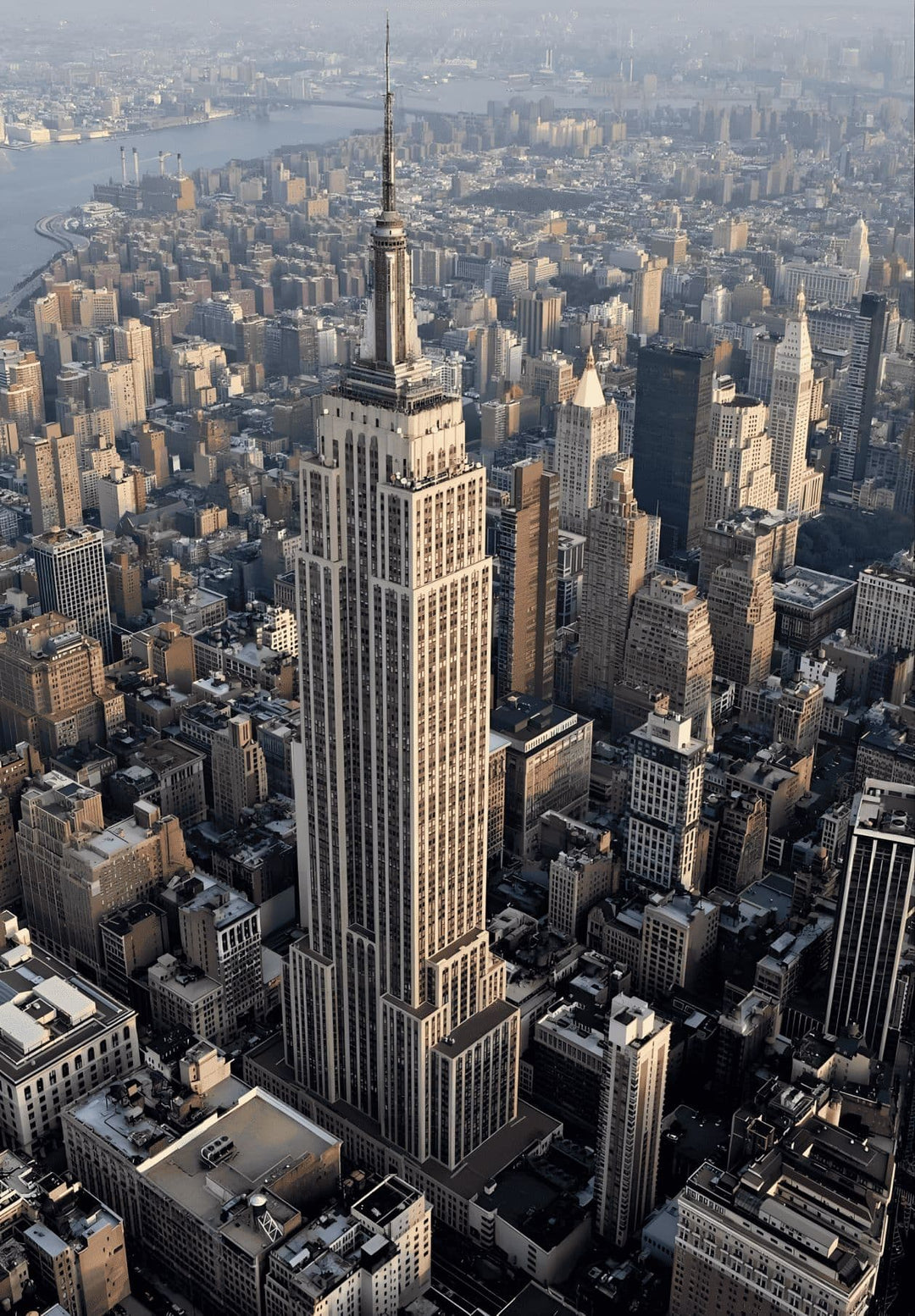 A depiction from an elevated perspective of the Empire State Building.