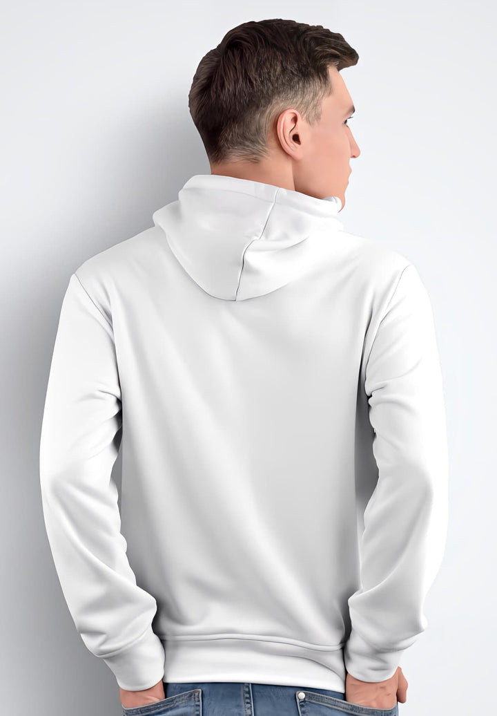 The back view of a man in a white hoodie emerges, revealing a trendsetting style.