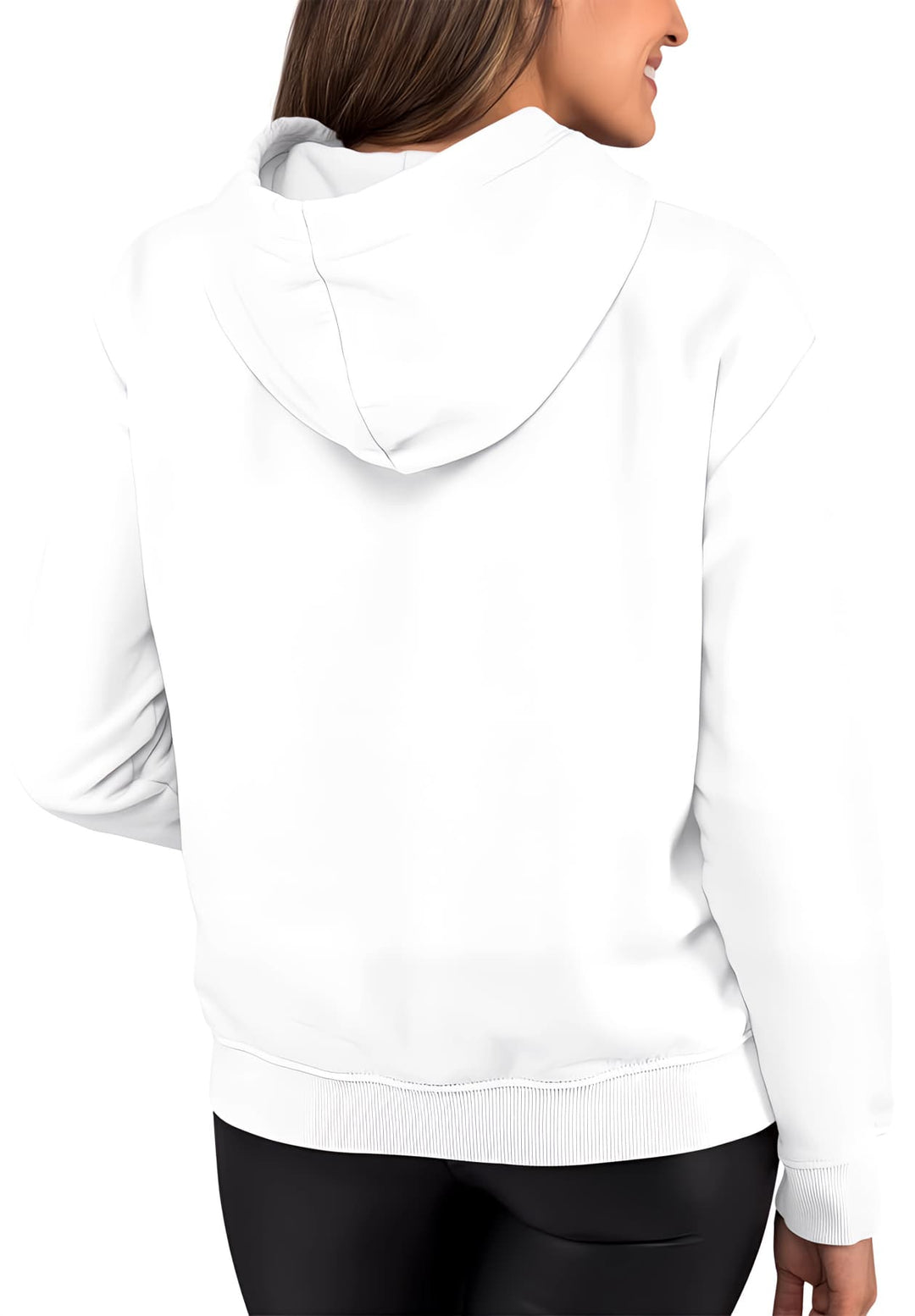 The view of the woman's white hoodie from behind has a feel of effortless charm.