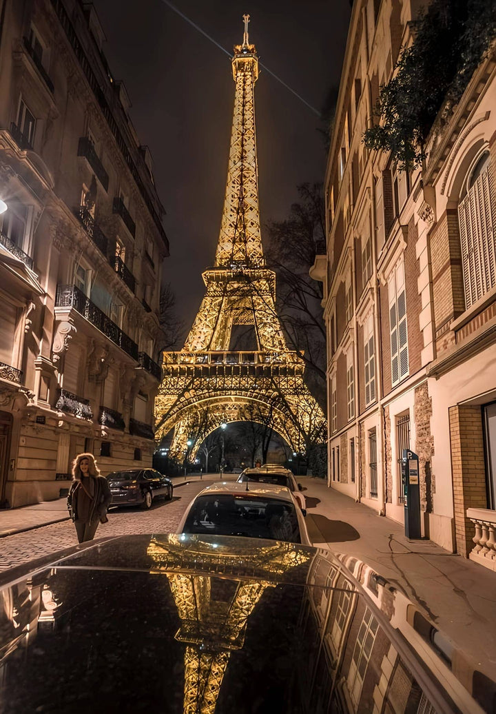 Enjoy amazing moments, such as a car perfectly positioned in front of the Eiffel Tower, capturing the essence of Paris.