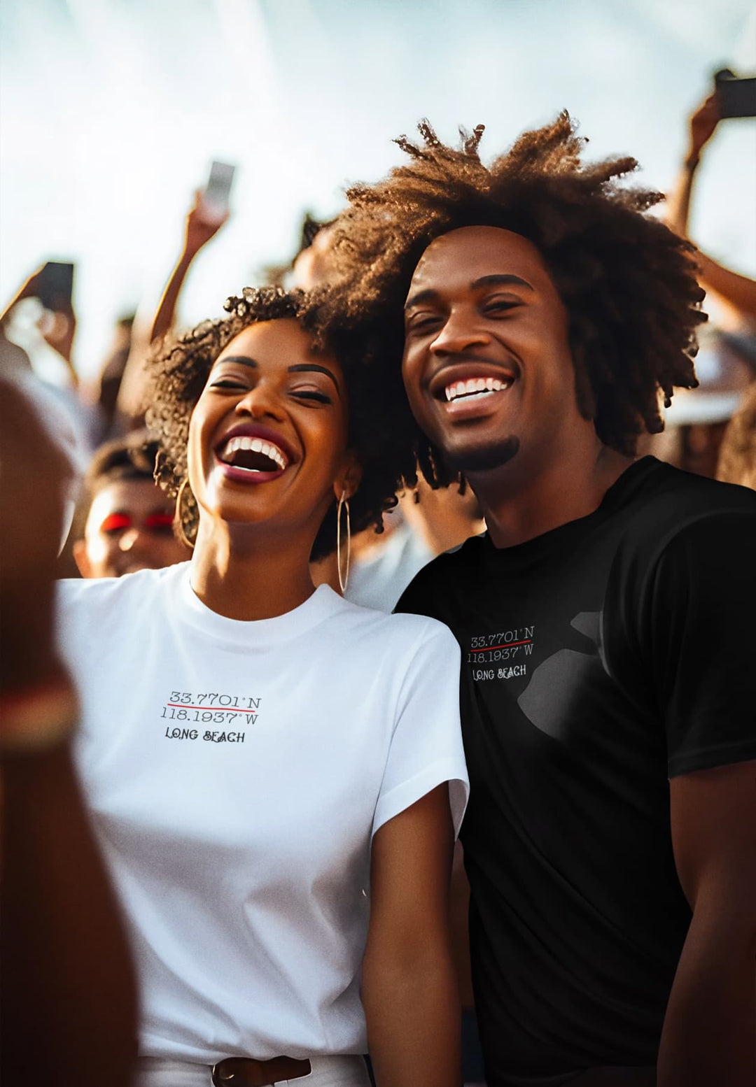 Amid the festival vibes, their smiles radiate joy, adorned in contrasting white and black T-shirts that echo the harmonious spirit of the music fest.