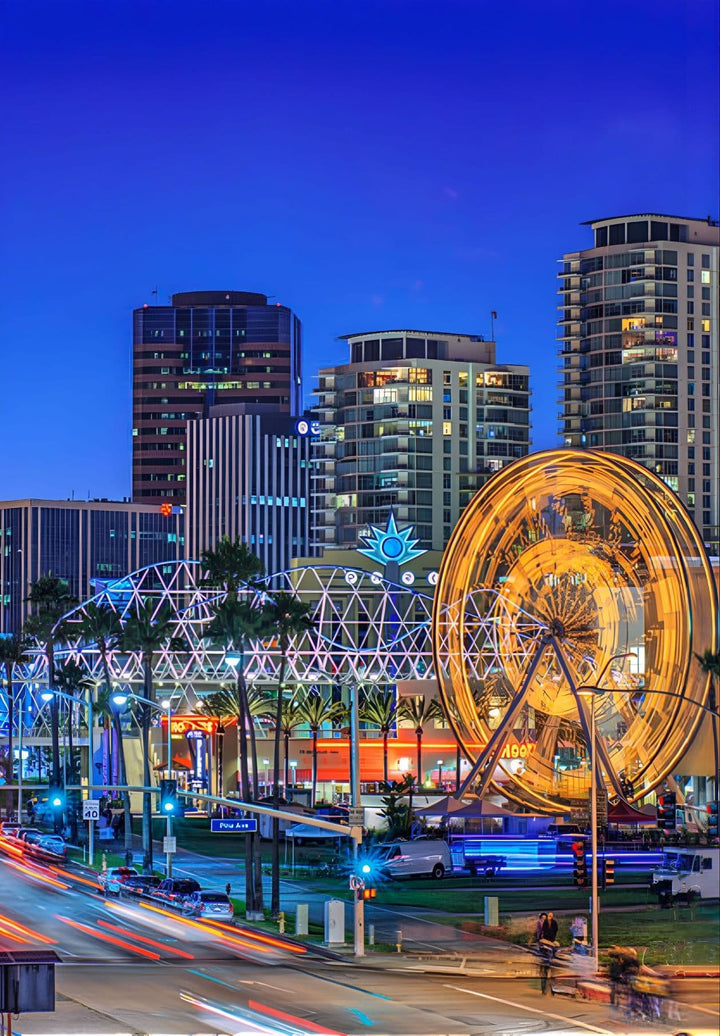 Downtown Long Beach, California, at night, the Pike Ferris Wheel and the Pike Outlets are both sights to behold.