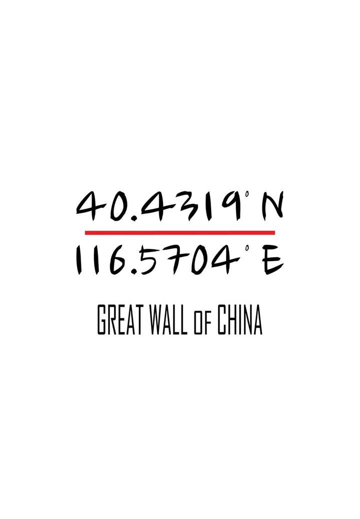 Great Wall of China coordinates in a red and black logo.