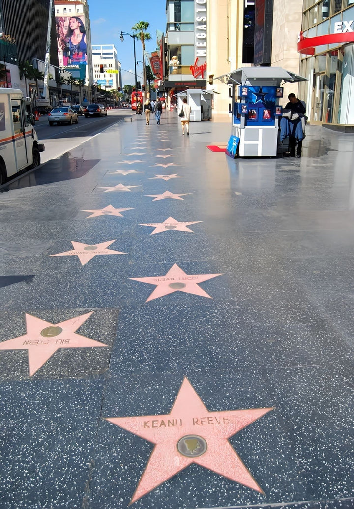 The Hollywood Walk of Fame stars are a prominent feature of the entertainment industry in Los Angeles, California.