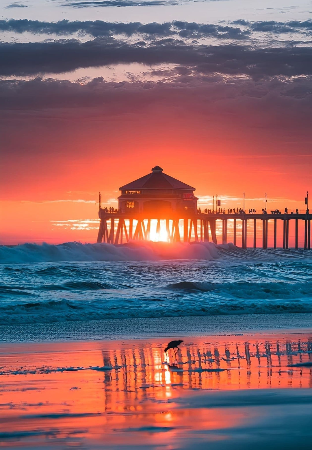 Huntington Beach turns into a warm-hued canvas as the sun sets, creating a stunning sunset.
