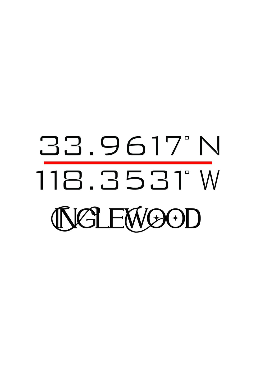 A black and white logo displays the precise coordinates of the Inglewood,California.