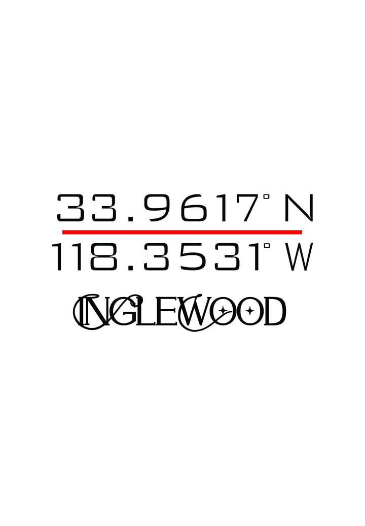 The logo, rendered in black and white, exhibits the exact geographical coordinates of Inglewood, California.