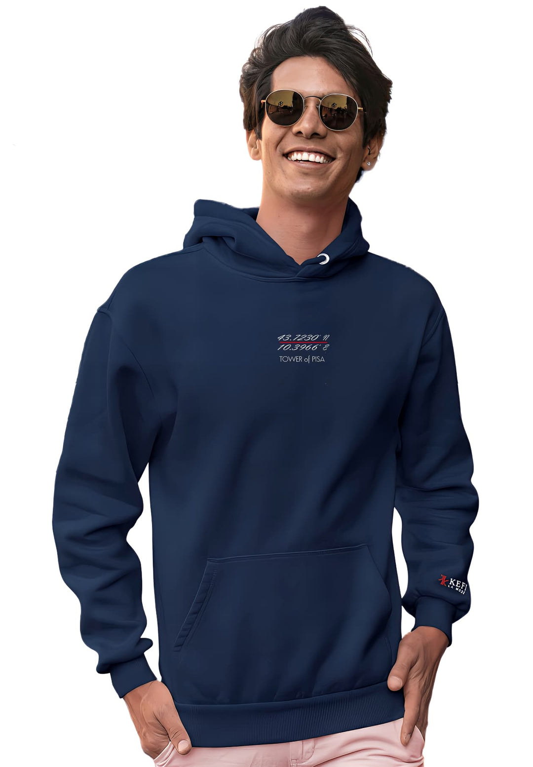 The man's blue Kefi La Mode hoodie inspires city energy and sophisticated streetwear.