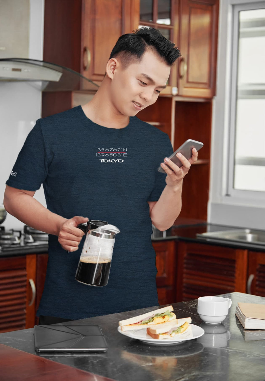 Amidst the aroma of coffee, his blue tee becomes a vessel for cherished moments, a beacon of comfort and joy.