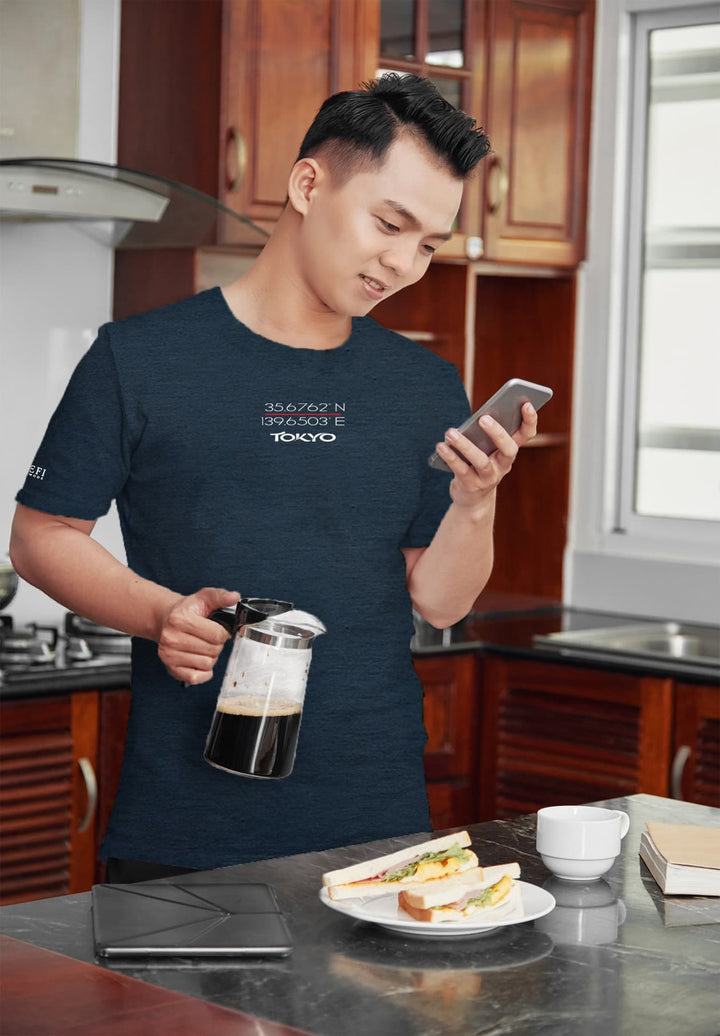 Amidst the aroma of coffee, his blue tee becomes a vessel for cherished moments, a beacon of comfort and joy.
