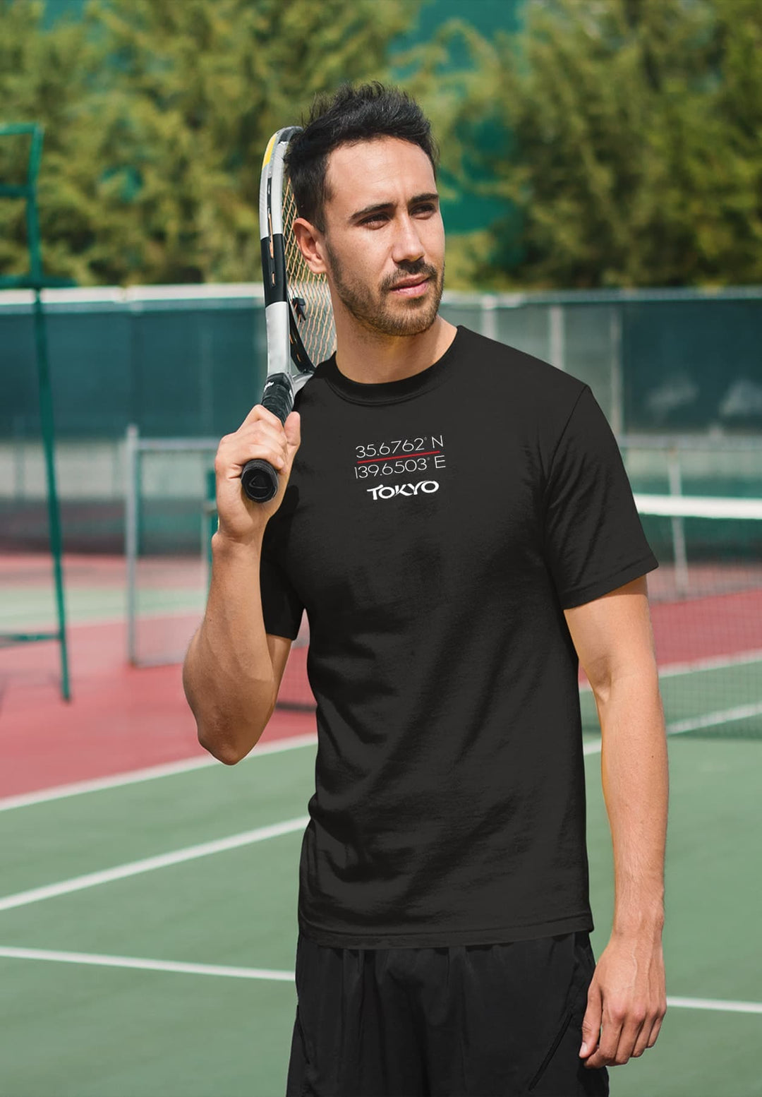 On the tennis court, his black tee speaks of determination, memories of rallies and victories echoing with each swing.