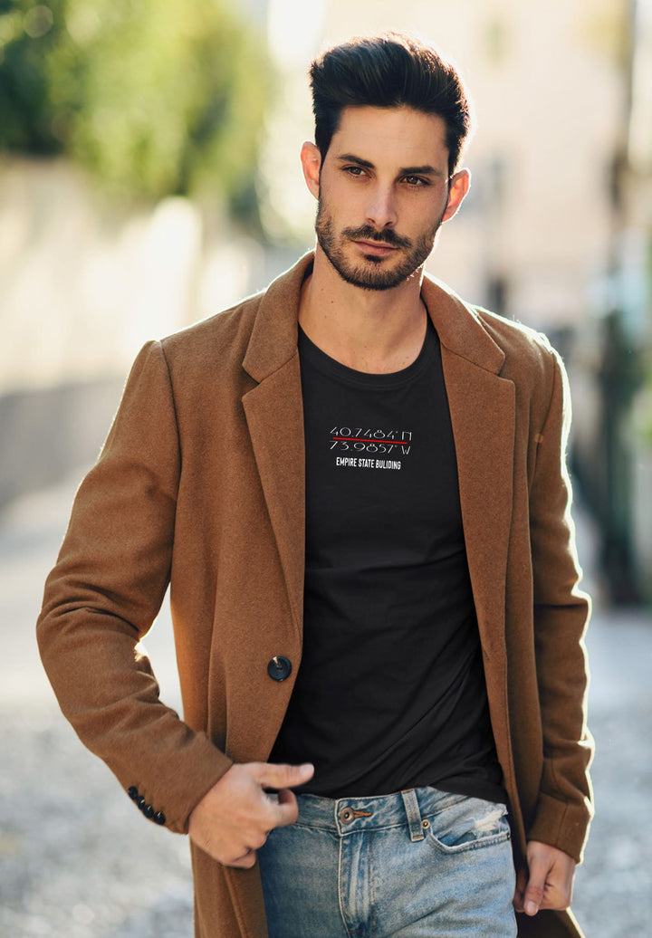 His black tee, a roadmap of emotions, unfolds beneath the brown coat, steering him through the heartfelt journeys of existence.