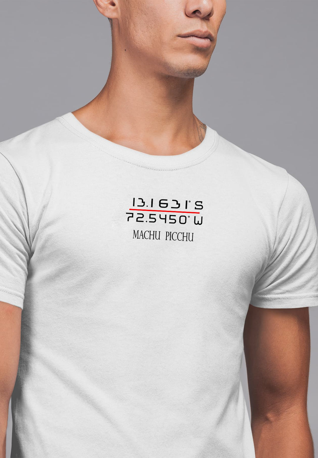 In his white Machu Picchu tee, adorned with coordinates, the man's spirit roams the ancient citadel's mystical pathways.