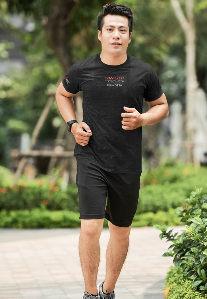 Running in the open air, he wears a black tee and tells stories with each stride. It's a uplifting dance.