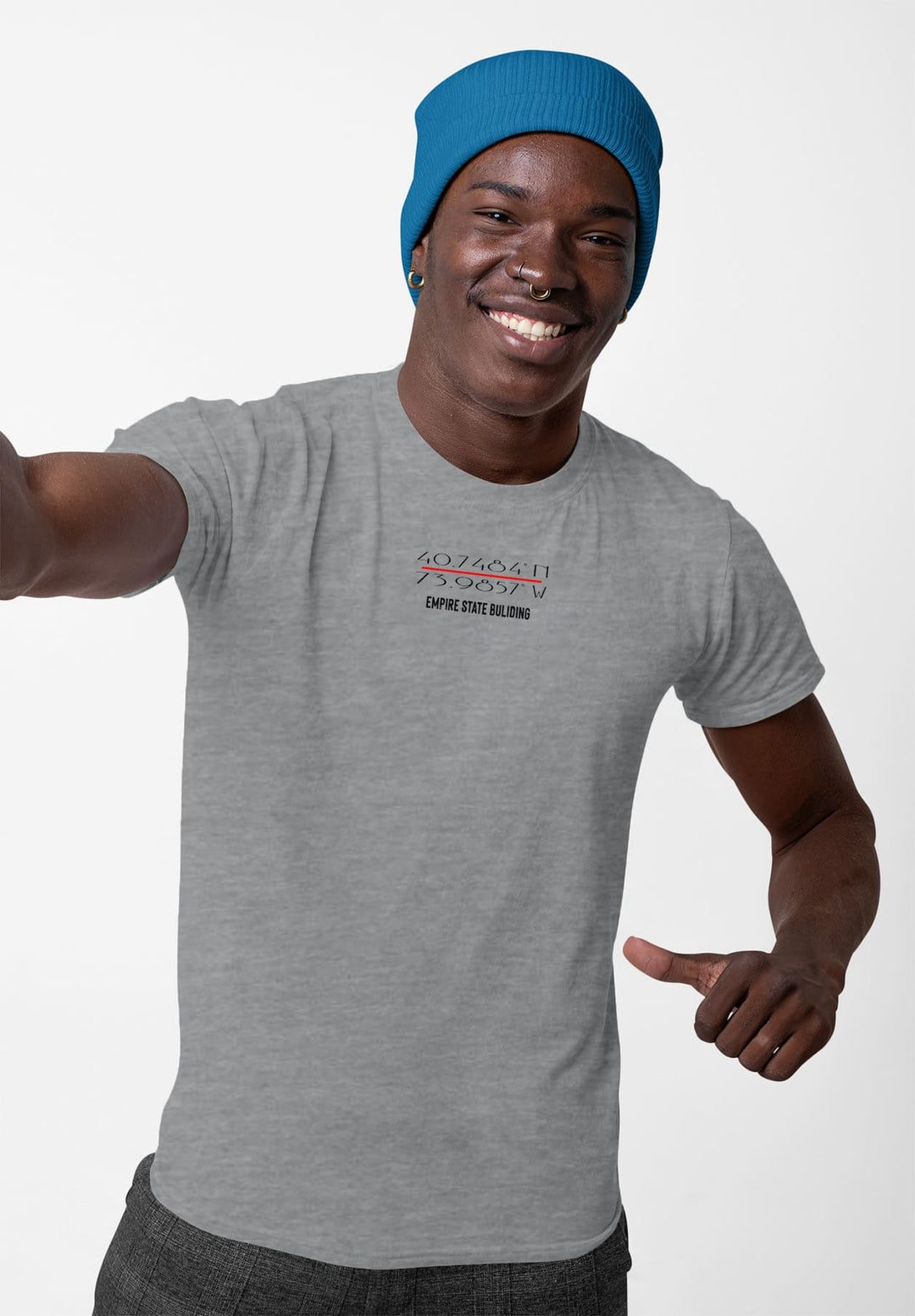 Pointing to unseen dreams, the man in a blue hat and gray tee fuels emotions with silent aspirations and hopes.