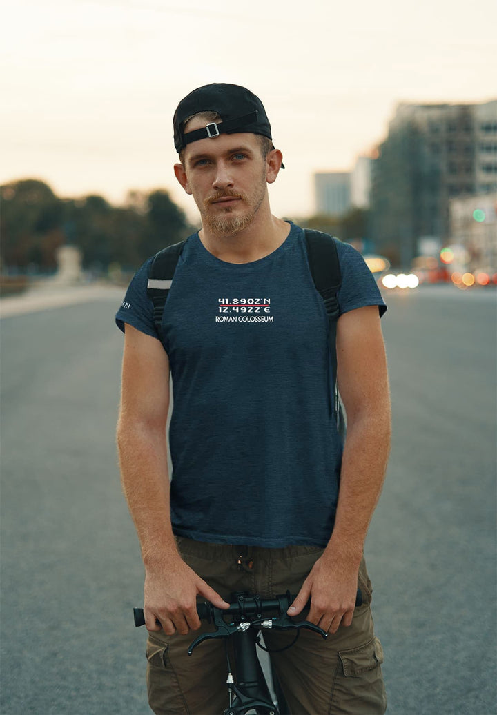 Amidst the urban landscape, his blue tee and bike evoke memories of carefree rides and wind-whispered dreams.