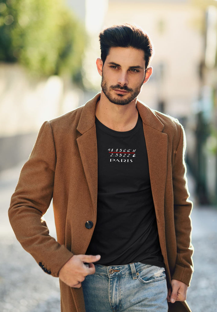 In his Paris black tee and long coat, he walks, Parisian streets echoing tales of love, dreams, and endless enchantment.