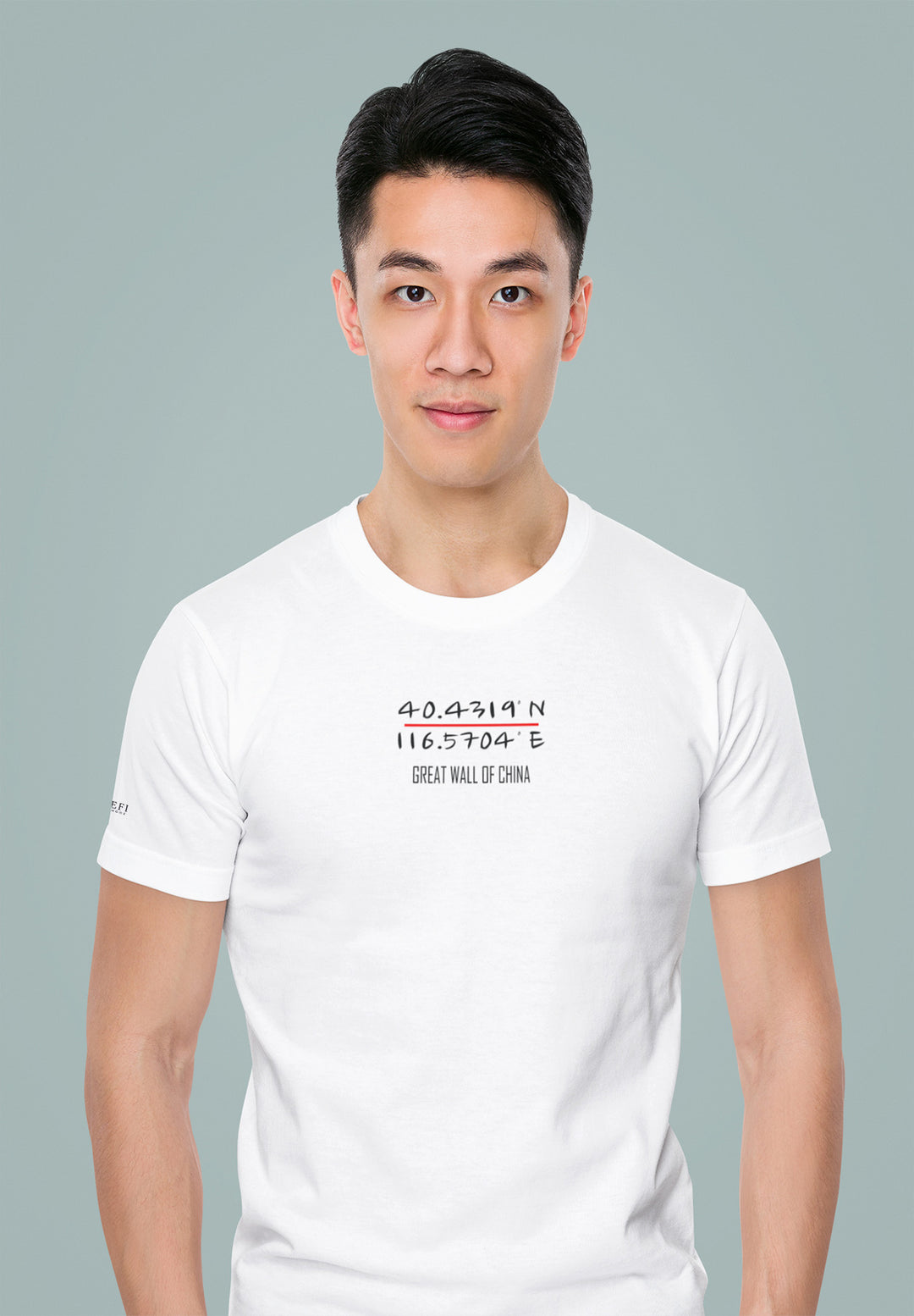 White tee, Great Wall insignia—the man wears emotions, a blend of style and profound connection to ancient narratives.