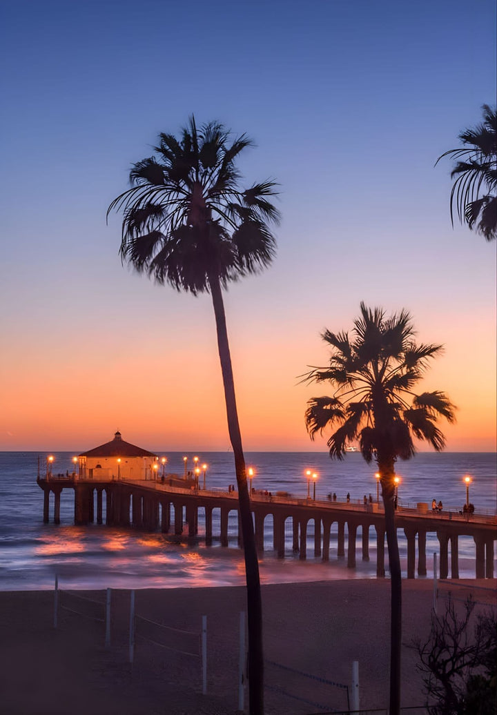 Tropical Palm tree sunset Manhattan Beach Pier, Los Angeles, California.