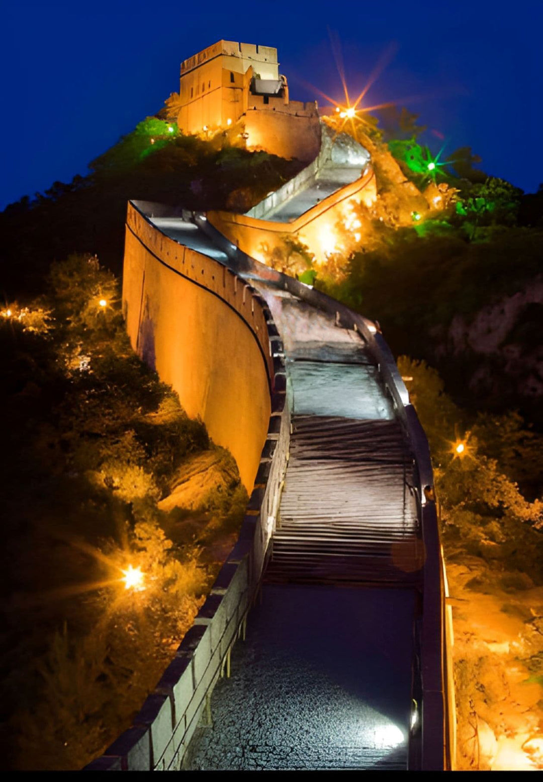 The Great Wall of China was illuminated during the dark.
