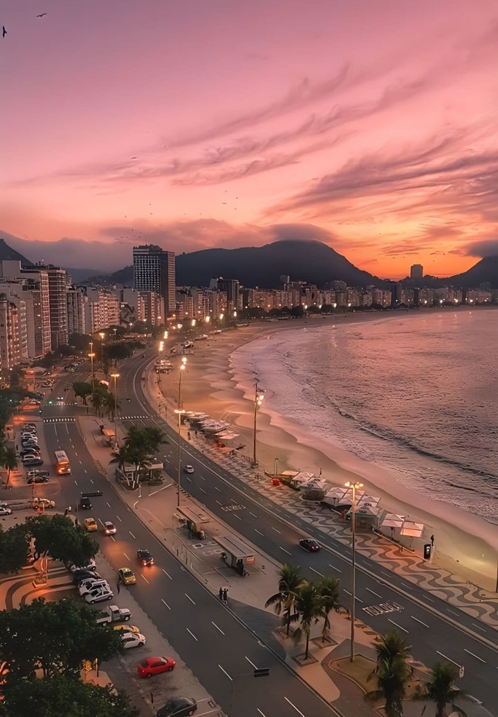 This photograph depicts the picturesque Copacabana Beach in Rio de Janeiro, Brazil, during sunset.
