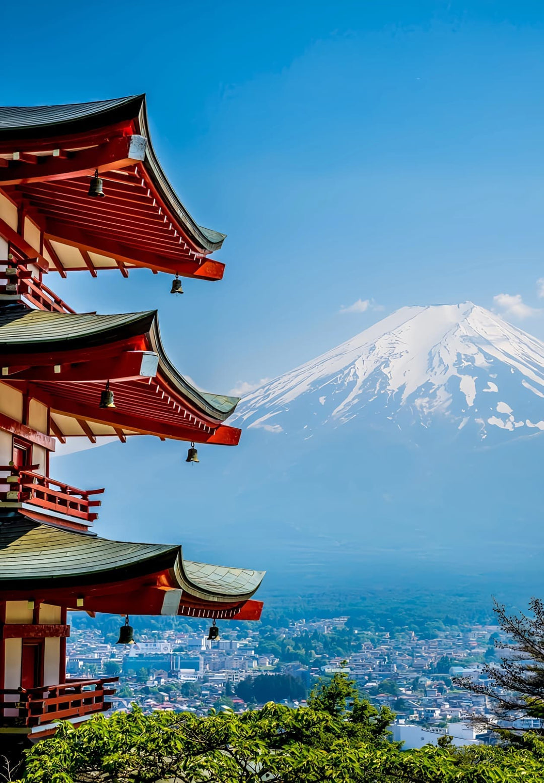 Chureito Pagoda offers breathtaking views of Mt. Fuji, creating an iconic Japanese scene, where ancient architecture meets the majesty of nature.