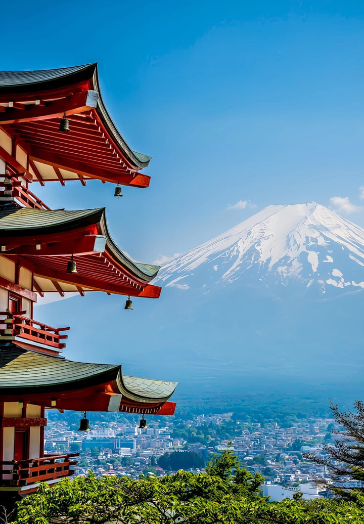 Chureito Pagoda offers breathtaking views of Mt. Fuji, creating an iconic Japanese scene, where ancient architecture meets the majesty of nature.