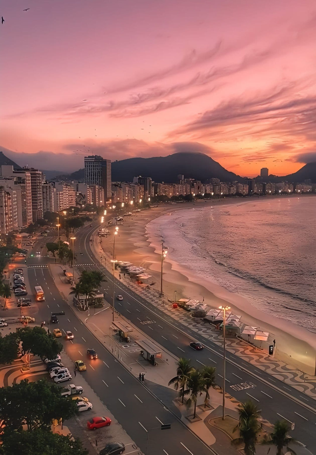 This is Copacabana Beach in Rio de Janeiro, Brazil during sunset.