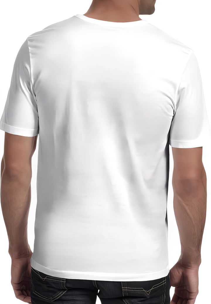 Enjoy life in a white t-shirt and jeans, as the man's back-view shows comfort, style, and quiet confidence.