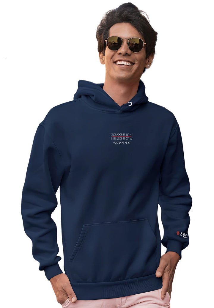 The trendy man celebrates wearing a blue hoodie to express himself.
