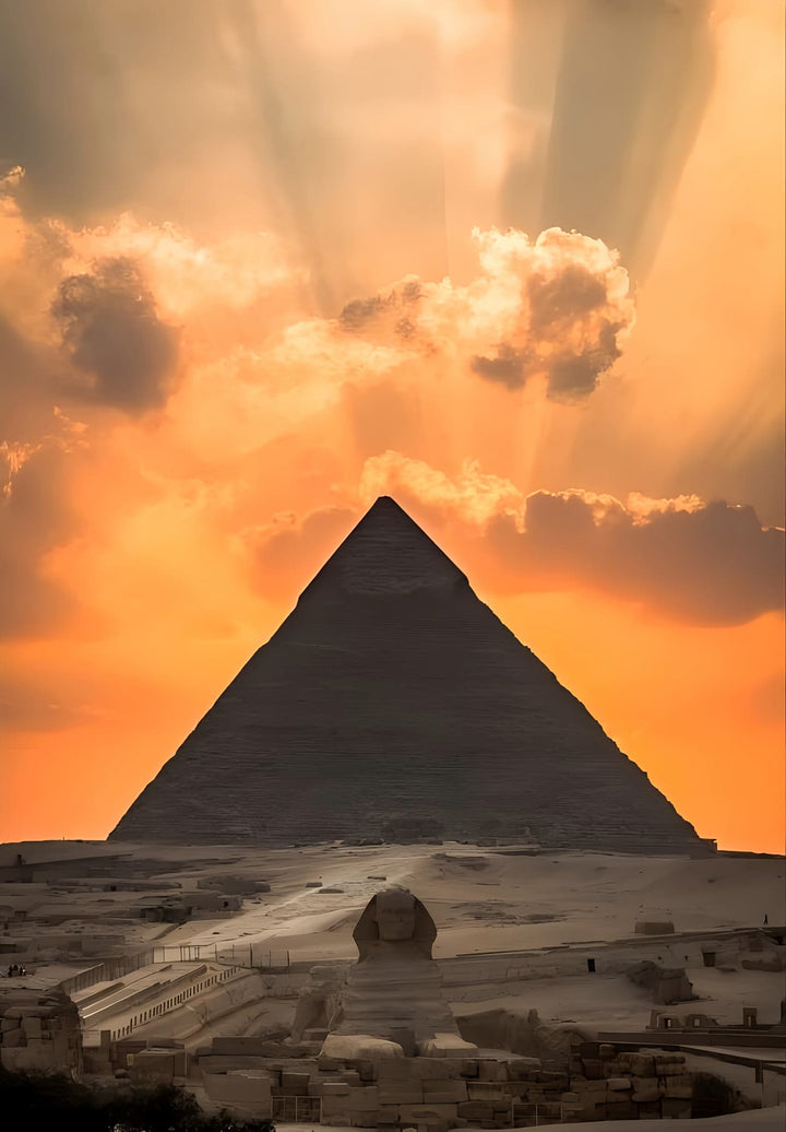 A breathtaking moment: sun sets beyond Great Pyramid and Sphinx.