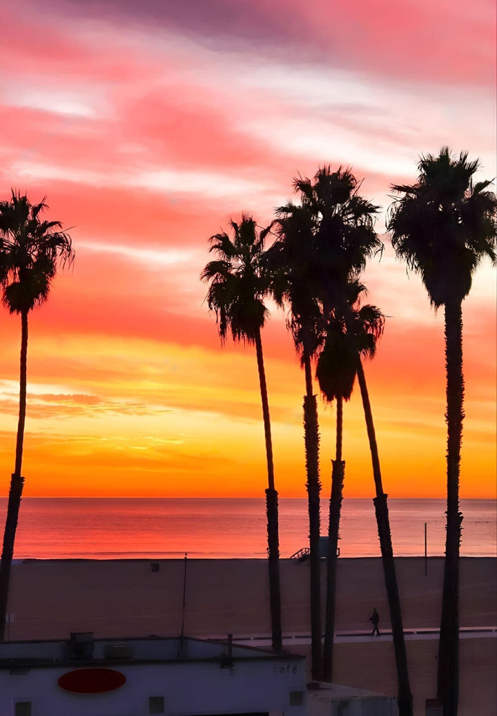 The sun sets in Malibu, a coastal city adjacent to Los Angeles, California.