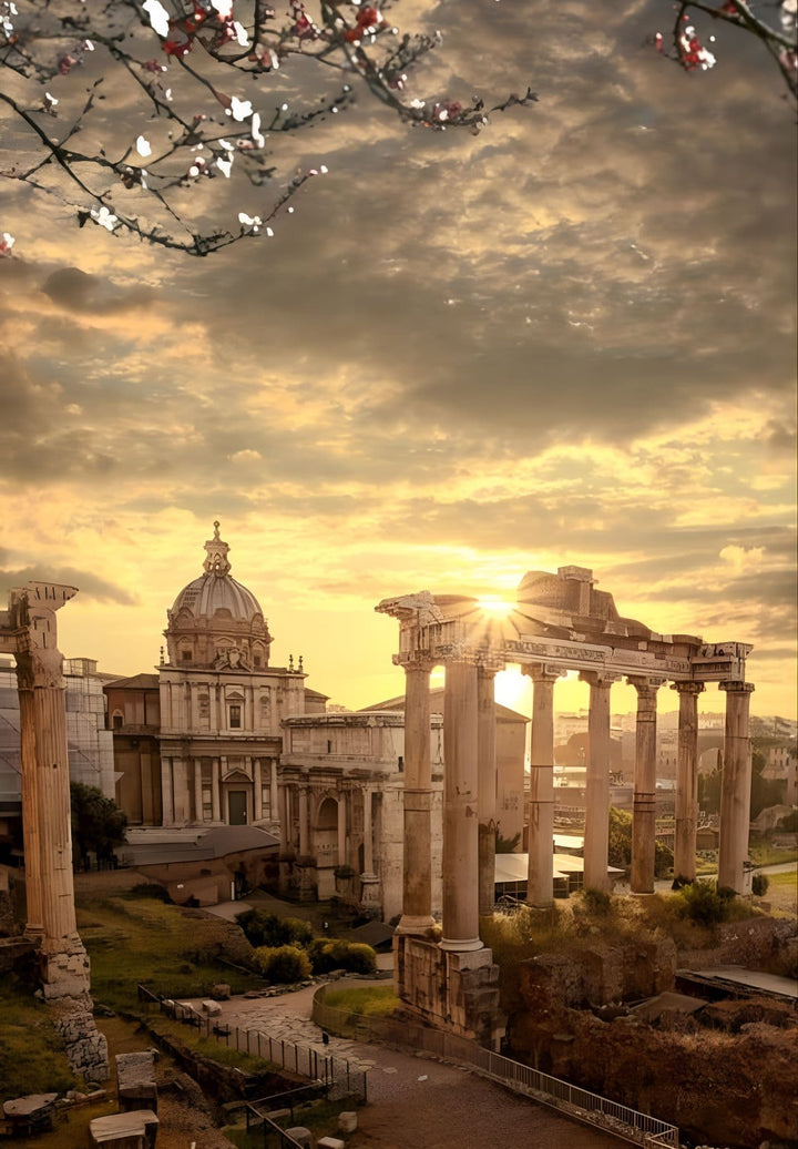 The Roman Forum is bathed in a warm glow as the sun sets over the ruins.