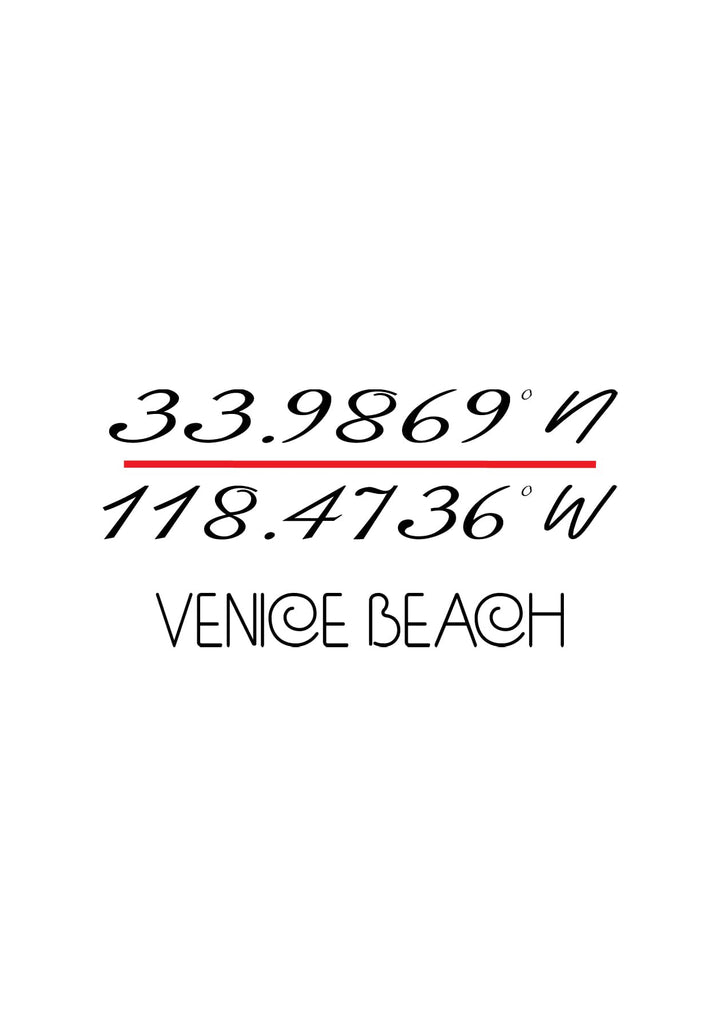 The essence of Venice Beach is encapsulated by the GPS coordinates that symbolizing the city's spirit.