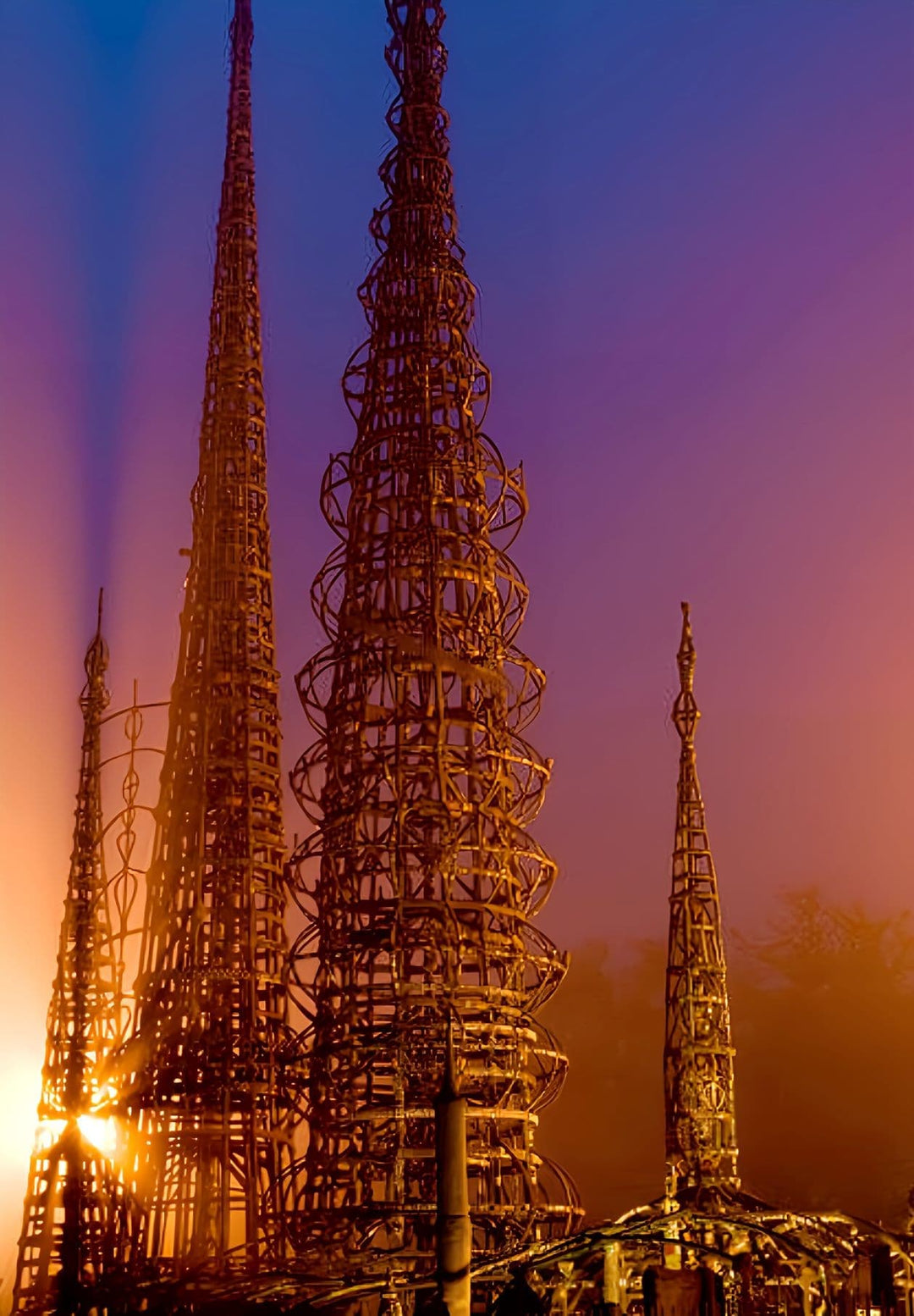 In the evening, Watts Towers, located in Watts, Los Angeles, California.
