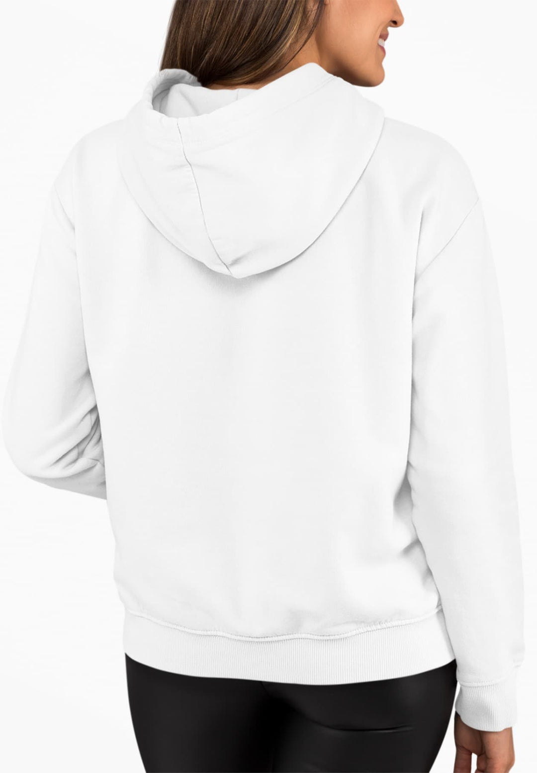 From the back, the women's white hoodie etched a memory of timeless fashion.