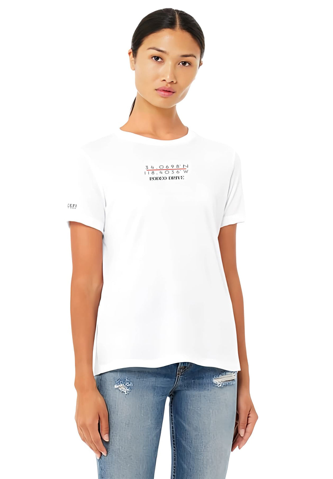 Radiating simplicity and comfort, a woman exudes timeless charm in a white T-shirt paired effortlessly with classic denim jeans.