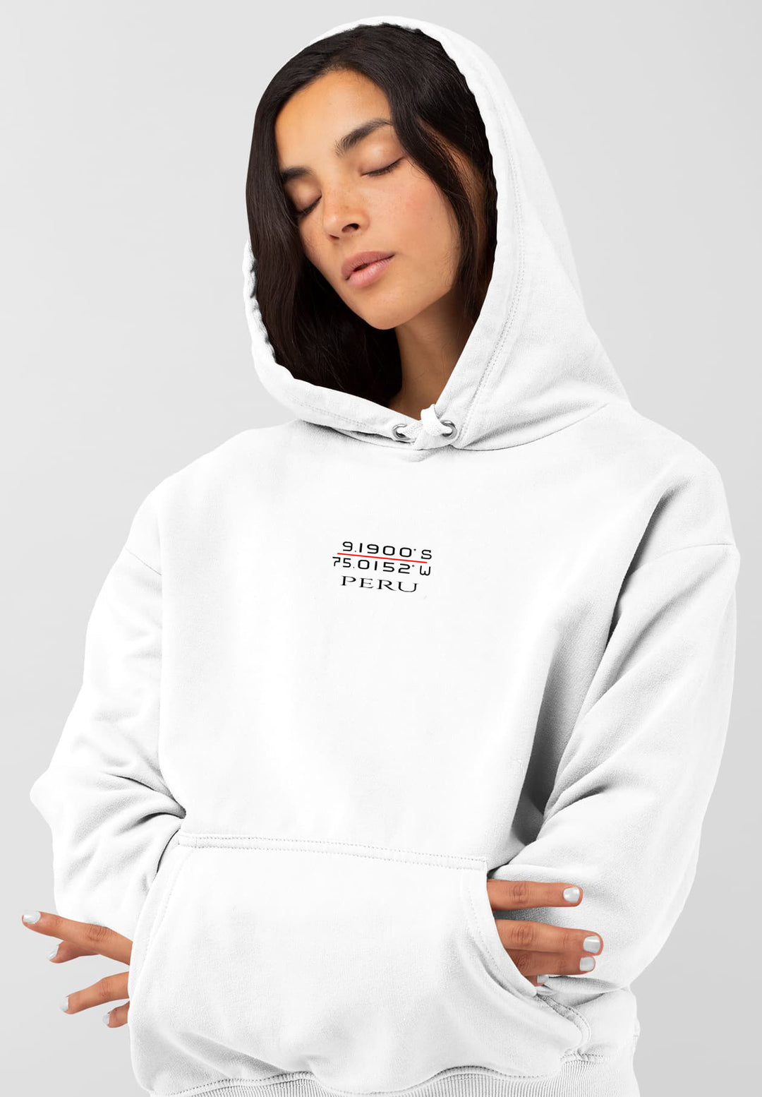 The woman's white sweatshirt with the Peru coordinates shows her love of travel and unique style.