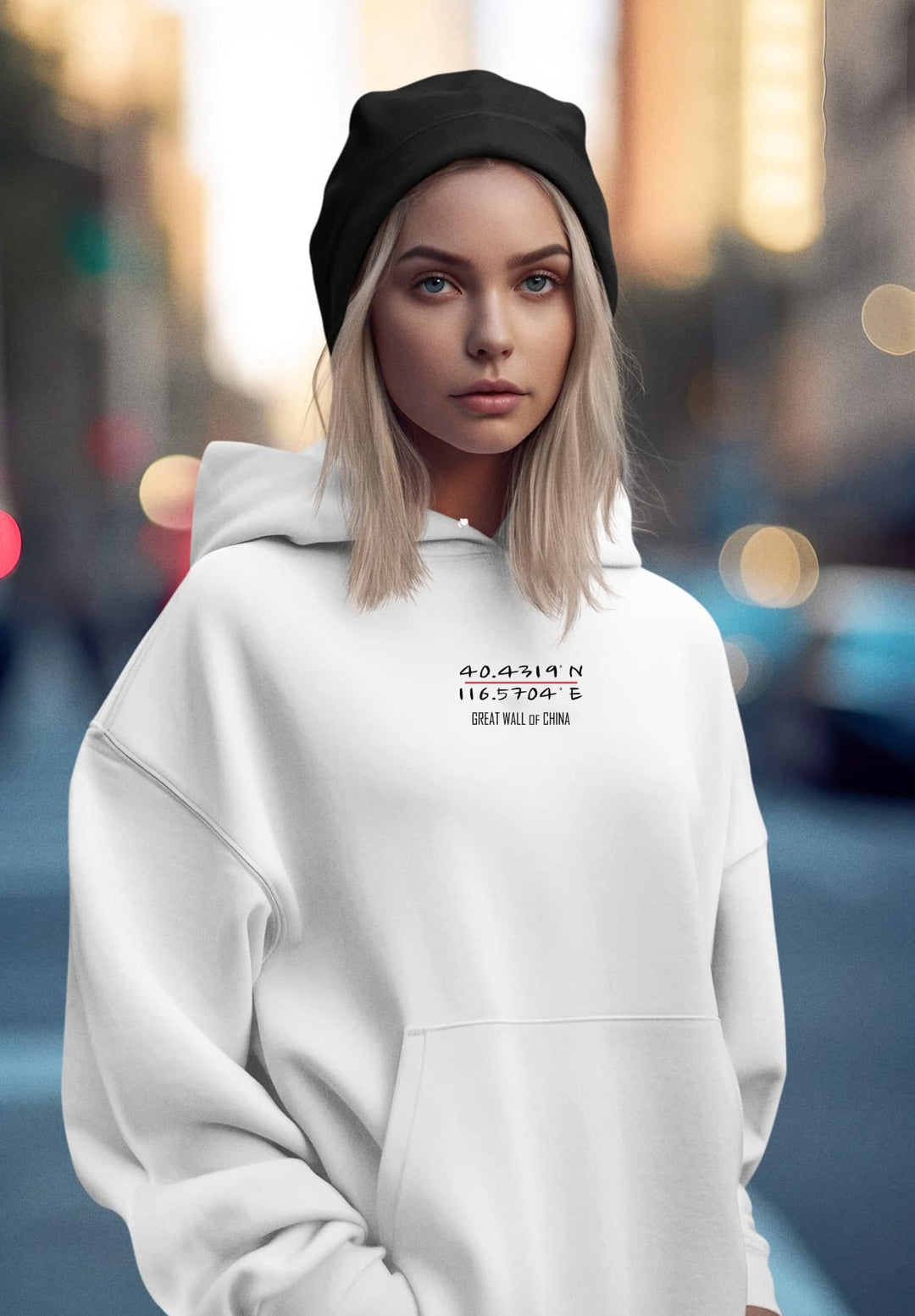 The young women project a unified image of contemporary ease and fashion-forward simplicity in her white pullover hoodie.