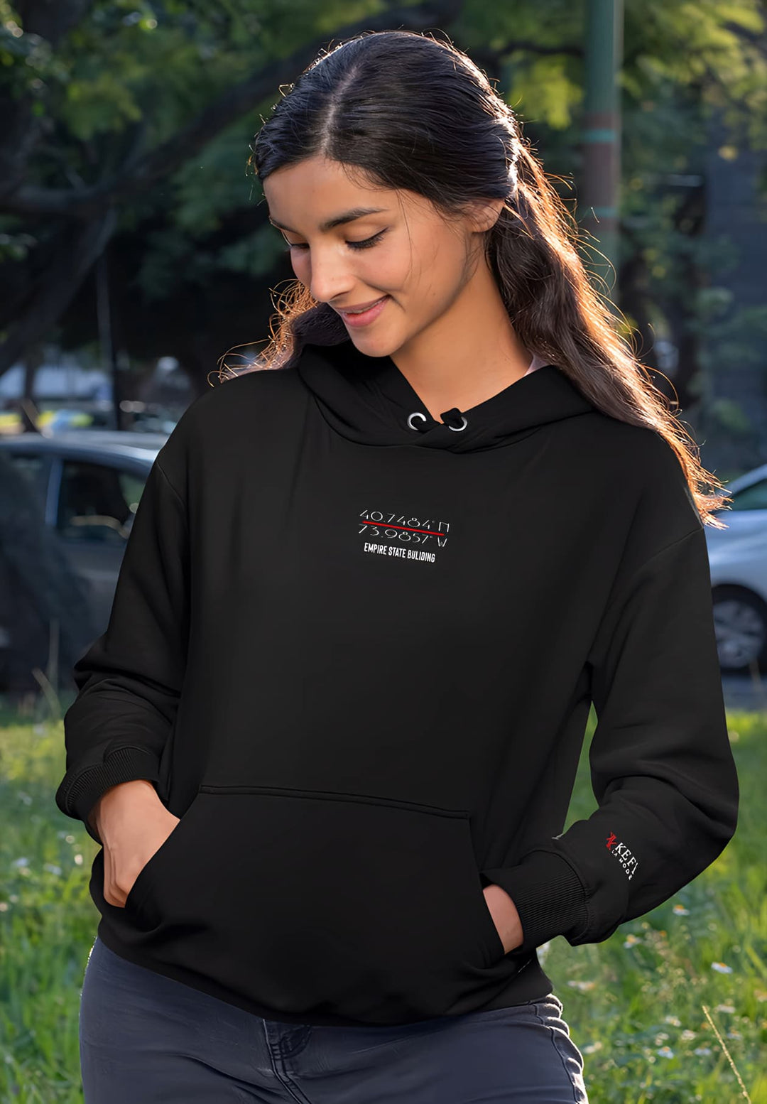 Adorned in the black Empire State Building hoodie, the young lady exuded a distinct sense of New York City style.