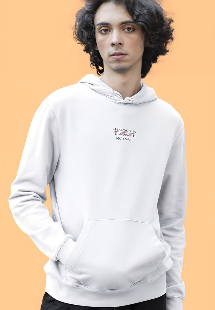 Embrace urban chic with the man's fashion-forward white hoodie, featuring a striking red and black Rome GPS coordinates logo.